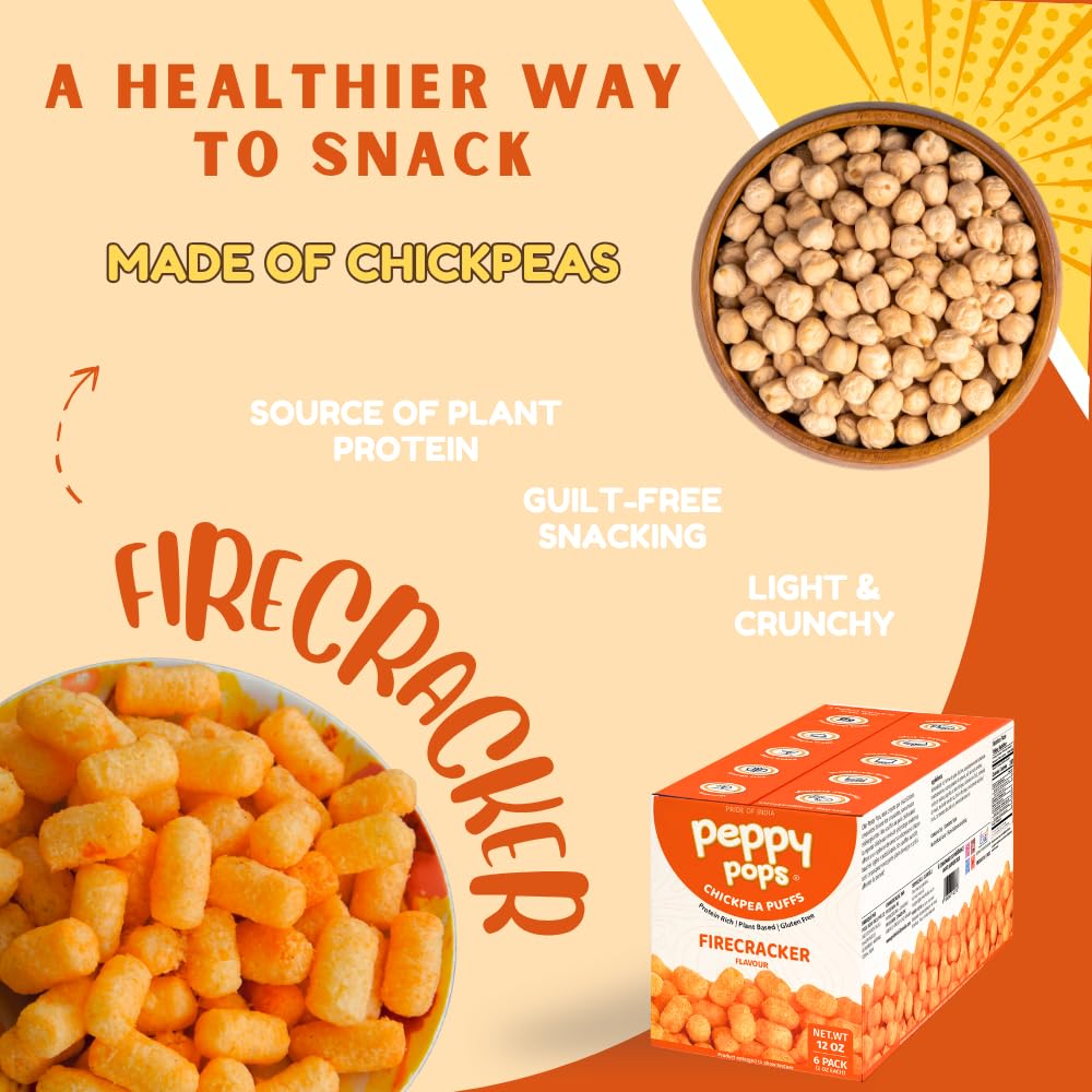 Peppy Pops Chickpea Puffs Firecracker Flavor - 6 Pack, 12 oz | Spicy Schezwan High Protein Snacks | Crunchy Better-for-You Snack and Healthy Alternative to Chips with 6g Protein Per Bag-2
