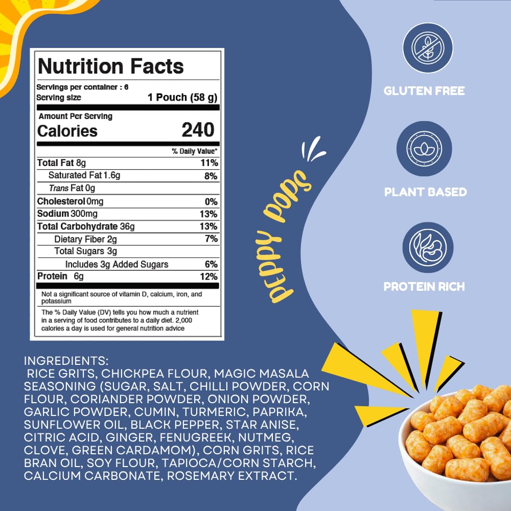 Peppy Pops Chickpea Puffs Masala Magic Flavor - 6 Pack, 12 oz | Indian Spiced High Protein Snacks | Crunchy Better-for-You Snack and Healthy Alternative to Chips with 6g Protein Per Bag-1