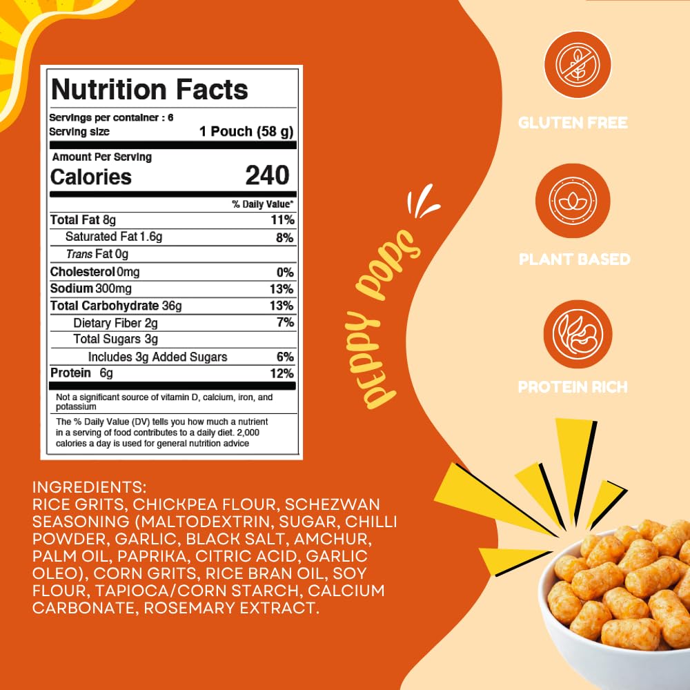 Peppy Pops Chickpea Puffs Firecracker Flavor - 6 Pack, 12 oz | Spicy Schezwan High Protein Snacks | Crunchy Better-for-You Snack and Healthy Alternative to Chips with 6g Protein Per Bag-1