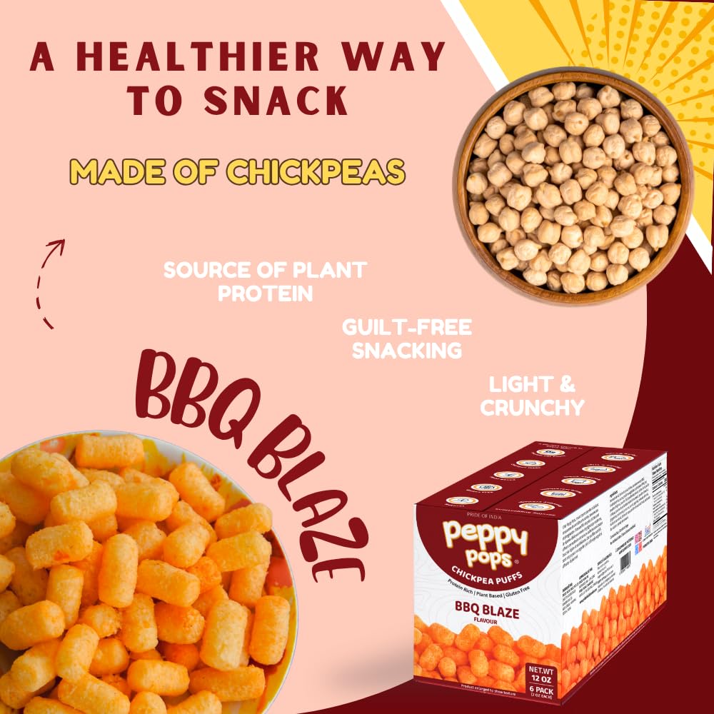 Peppy Pops Chickpea Puffs BBQ Blaze Flavor - 6 Pack, 12 oz | Smoky Barbecue Flavored High Protein Snacks | Healthy Alternative to Chips, Better-for-You Crunchy Snack with 6g Protein Per Bag-2