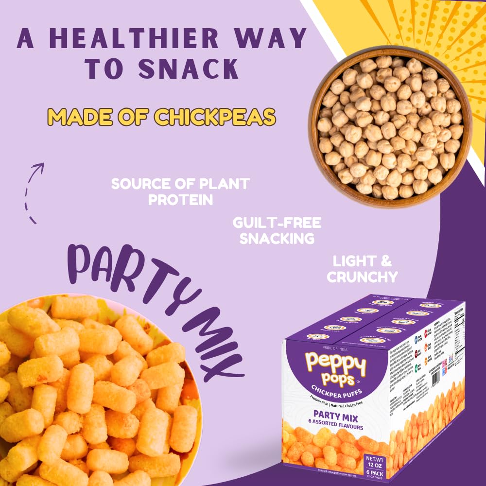 Peppy Pops Chickpea Puffs Party Mix Variety Pack - 6 Pack, 12 oz | 6 Assorted Flavors High Protein Crunchy Snacks | Includes Cheese, BBQ, Schezwan, Pizza, Mint & Masala Flavors | 6g Protein Per Bag-2