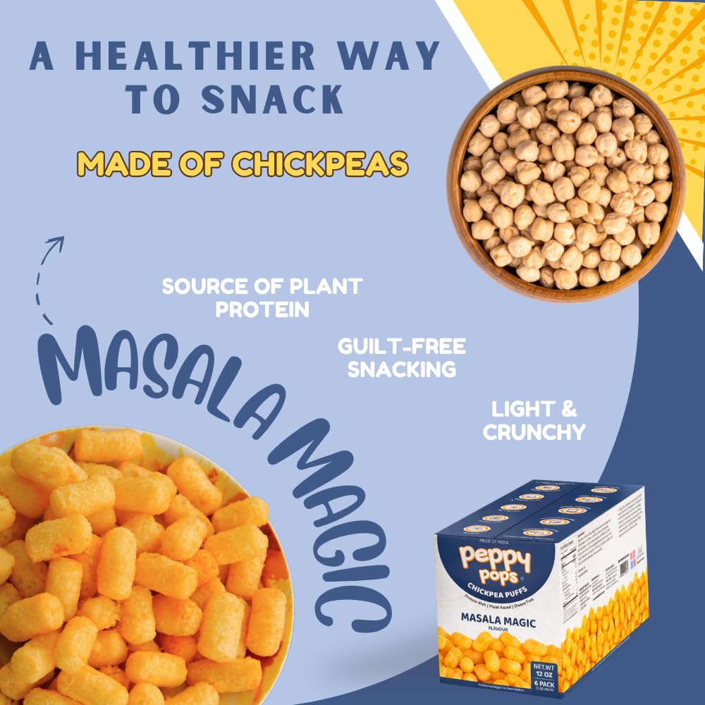 Peppy Pops Chickpea Puffs Masala Magic Flavor - 6 Pack, 12 oz | Indian Spiced High Protein Snacks | Crunchy Better-for-You Snack and Healthy Alternative to Chips with 6g Protein Per Bag-2