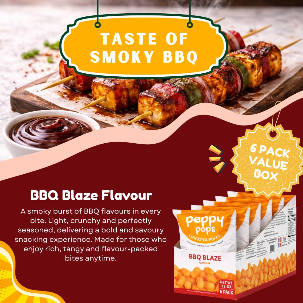 Peppy Pops Chickpea Puffs BBQ Blaze Flavor - 6 Pack, 12 oz | Smoky Barbecue Flavored High Protein Snacks | Healthy Alternative to Chips, Better-for-You Crunchy Snack with 6g Protein Per Bag-3