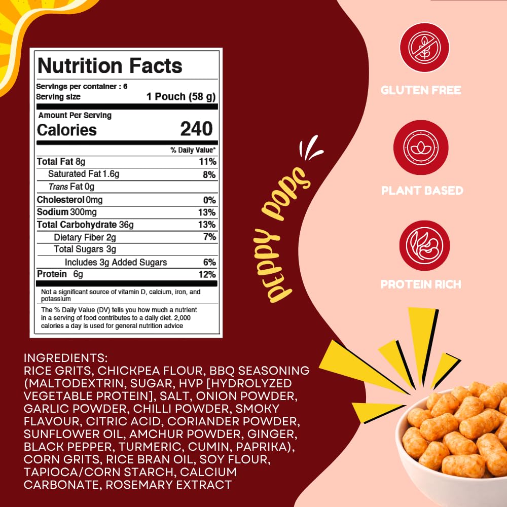 Peppy Pops Chickpea Puffs BBQ Blaze Flavor - 6 Pack, 12 oz | Smoky Barbecue Flavored High Protein Snacks | Healthy Alternative to Chips, Better-for-You Crunchy Snack with 6g Protein Per Bag-1