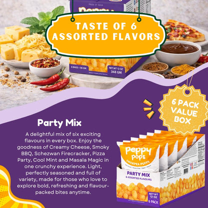 Peppy Pops Chickpea Puffs Party Mix Variety Pack - 6 Pack, 12 oz | 6 Assorted Flavors High Protein Crunchy Snacks | Includes Cheese, BBQ, Schezwan, Pizza, Mint & Masala Flavors | 6g Protein Per Bag-3