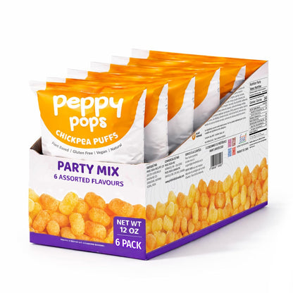 Peppy Pops Chickpea Puffs Party Mix Variety Pack - 6 Pack, 12 oz | 6 Assorted Flavors High Protein Crunchy Snacks | Includes Cheese, BBQ, Schezwan, Pizza, Mint & Masala Flavors | 6g Protein Per Bag-0