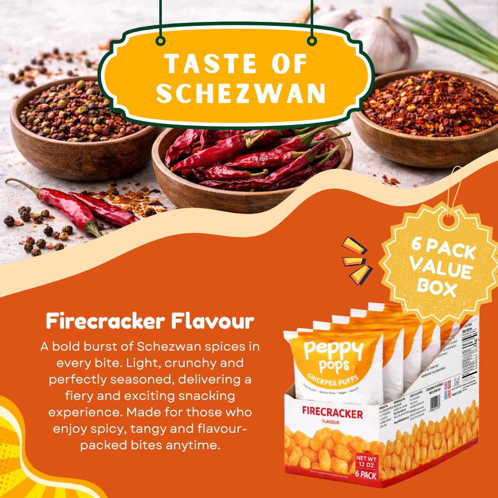 Peppy Pops Chickpea Puffs Firecracker Flavor - 6 Pack, 12 oz | Spicy Schezwan High Protein Snacks | Crunchy Better-for-You Snack and Healthy Alternative to Chips with 6g Protein Per Bag-3