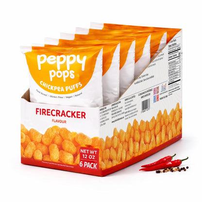 Peppy Pops Chickpea Puffs Firecracker Flavor - 6 Pack, 12 oz | Spicy Schezwan High Protein Snacks | Crunchy Better-for-You Snack and Healthy Alternative to Chips with 6g Protein Per Bag-0