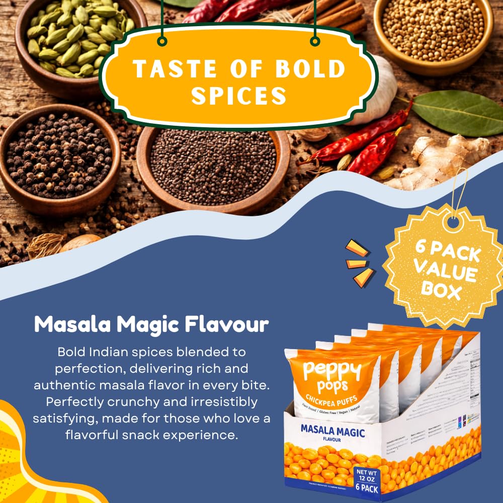 Peppy Pops Chickpea Puffs Masala Magic Flavor - 6 Pack, 12 oz | Indian Spiced High Protein Snacks | Crunchy Better-for-You Snack and Healthy Alternative to Chips with 6g Protein Per Bag-3