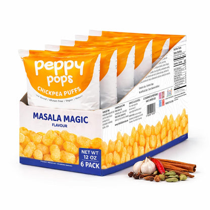 Peppy Pops Chickpea Puffs Masala Magic Flavor - 6 Pack, 12 oz | Indian Spiced High Protein Snacks | Crunchy Better-for-You Snack and Healthy Alternative to Chips with 6g Protein Per Bag-0