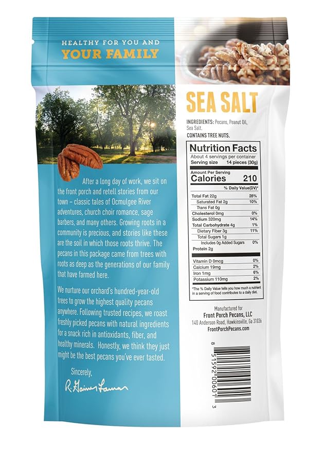 Front Porch Sea Salt Pecans - Premium Roasted Pecans (6-Pack, 4oz each)